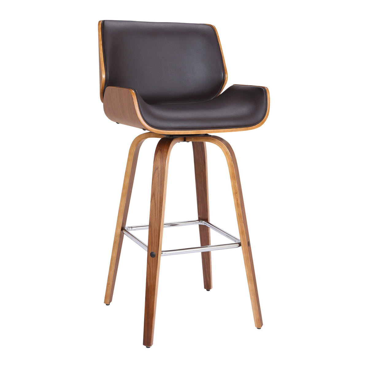Armen Living Tyler Mid Century Modern Swivel Bar Stool For Kitchen Island Counter In Brown Faux Leather And Walnut Wood, 26 Inch  Sea