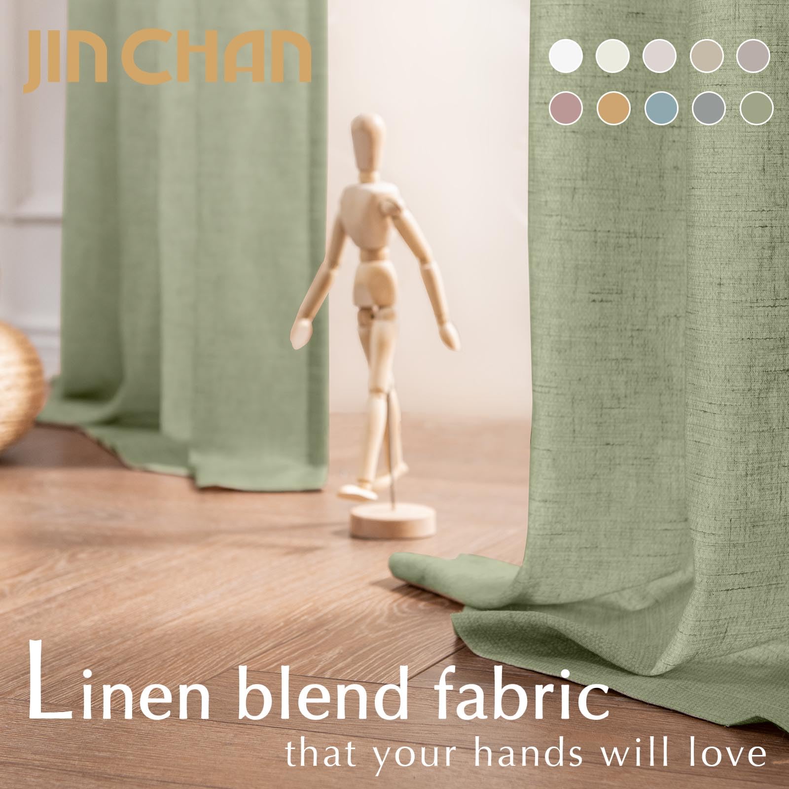 Jinchan Linen Blend Curtains 63 Inches Length For Living Room Farmhouse Rod Pocket Back Tab Light Filtering Window Drapes For Bedroom Curtains Sage Green 2 Panels