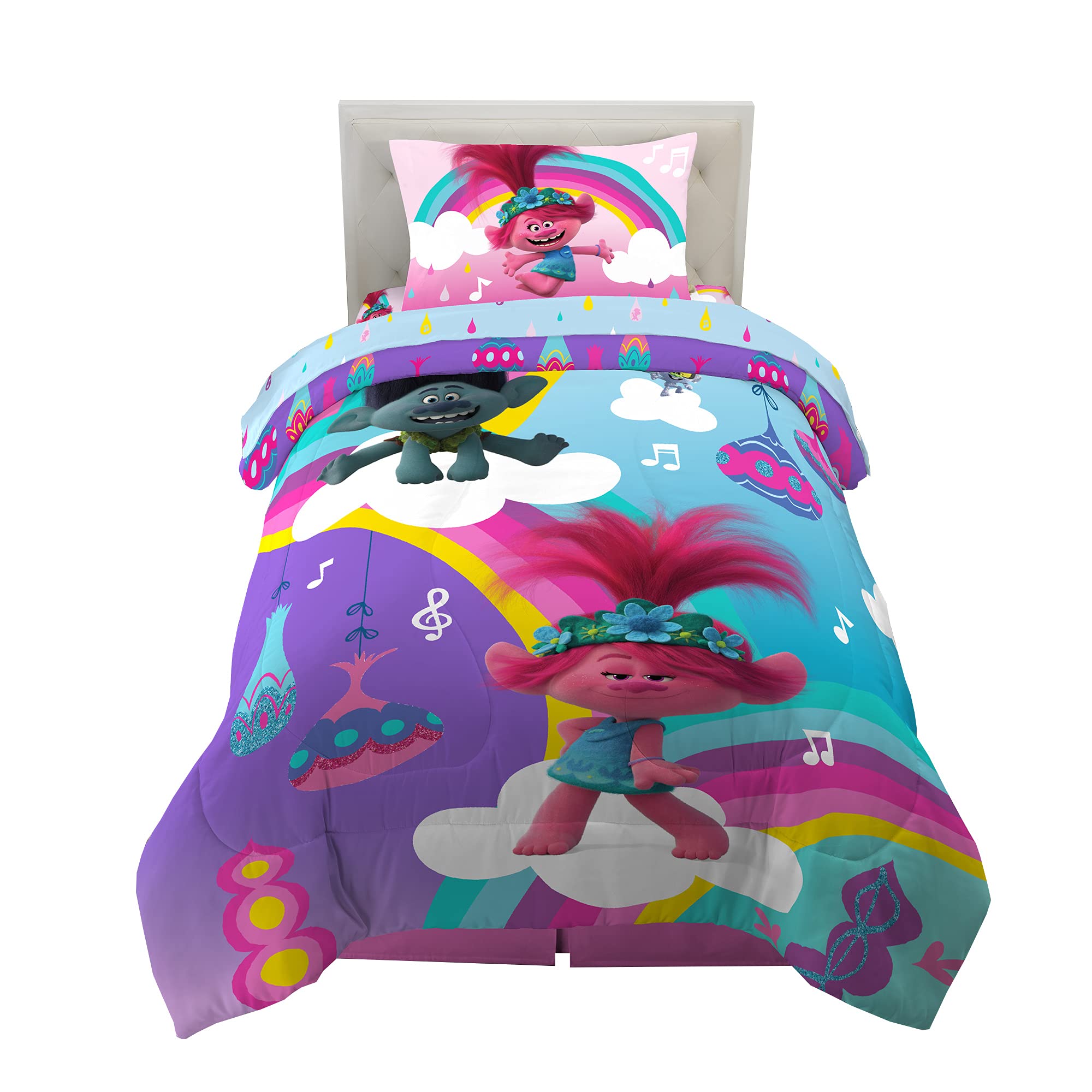 Franco Kids Bedding Super Soft Microfiber Comforter And Sheet Set, 4 Piece Twin Size, Trolls World Tour