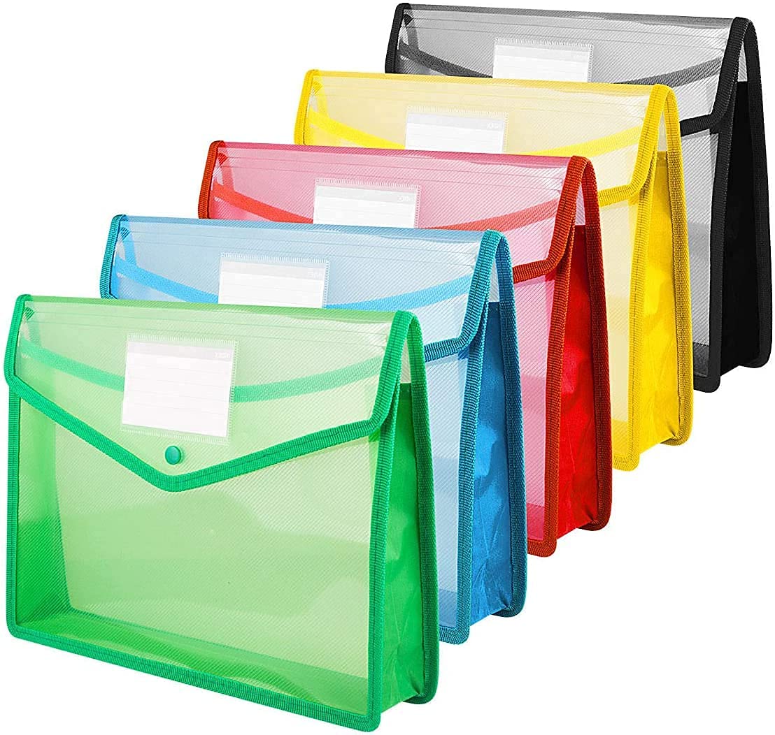 True-Ally 5 Pcs Envelope Folder, Transparent Poly-Plastic A4 Documents File Storage Bag With Snap Button Certificate File Holder