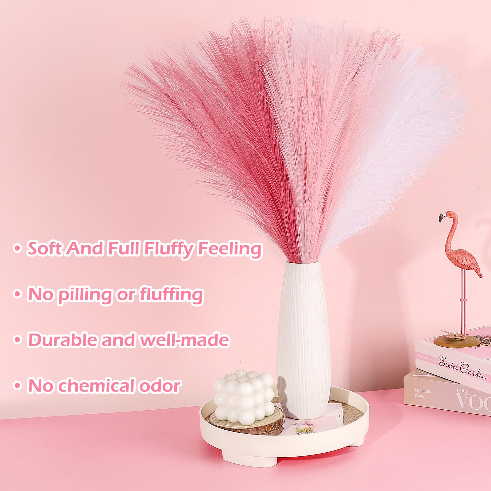 Septcat 30 Pcs Pampas Grass Pink White Decor 21.7'' Fluffy Faux Short Pampas Grass Artificial Small Pompas Grass Flower Vase Fil