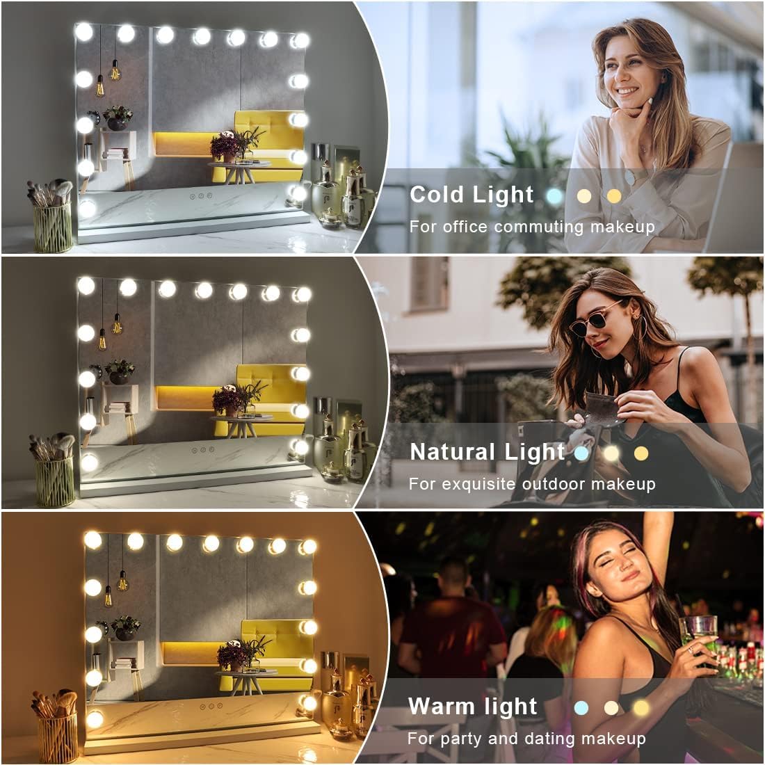 Fenchilin Vanity Mirror With Lights, Hollywood Lighted Makeup Mirror With 15 Dimmable Led Bulbs For Dressing Room & Bedroom, Sli