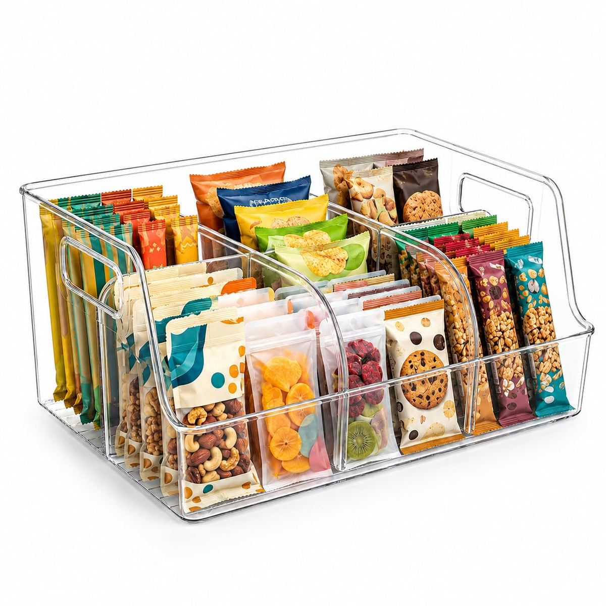 Yomjarl Snack Bar Station Organizer,Clear Plastic Countertop Storage Bin with Removable Dividers and Handles, Coffee Bar Station