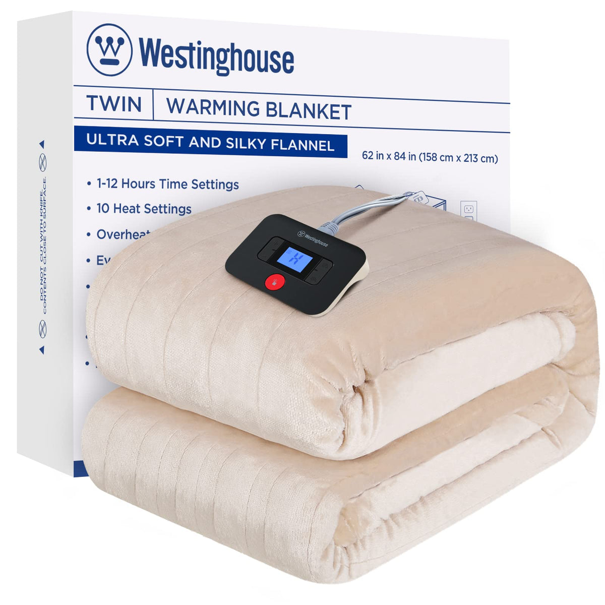 Westinghouse Electric Blanket Twin Size, Super Cozy Soft Flannel 62inch X 84inch Heated Blanket With 10 Fast Heating Levels & 112 Aut