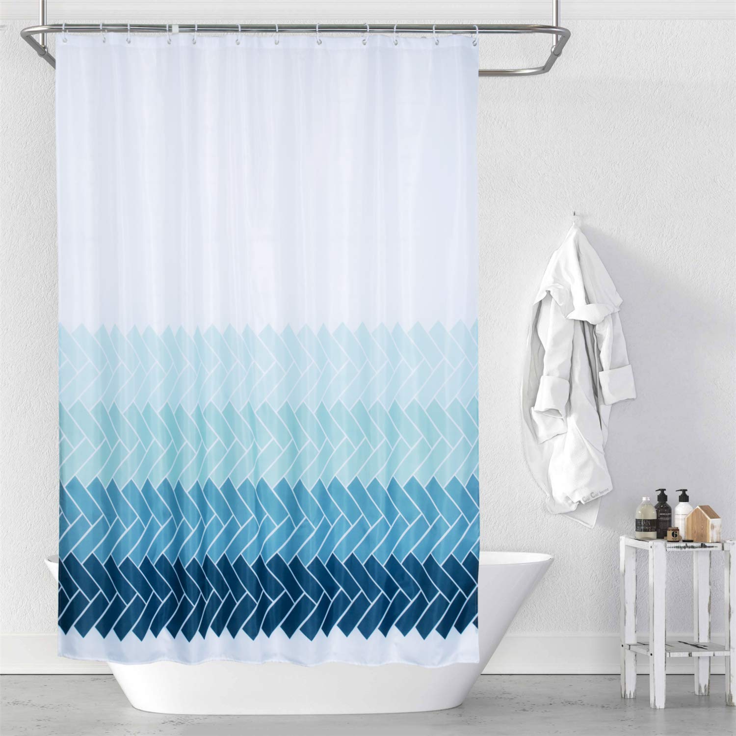 MORNITE Extra Wide Shower Curtain Mens Bathroom Teal Light Blue Ombre White, Wrap Around Microfiber Cloth Fabric 18 Hooks,108 W 