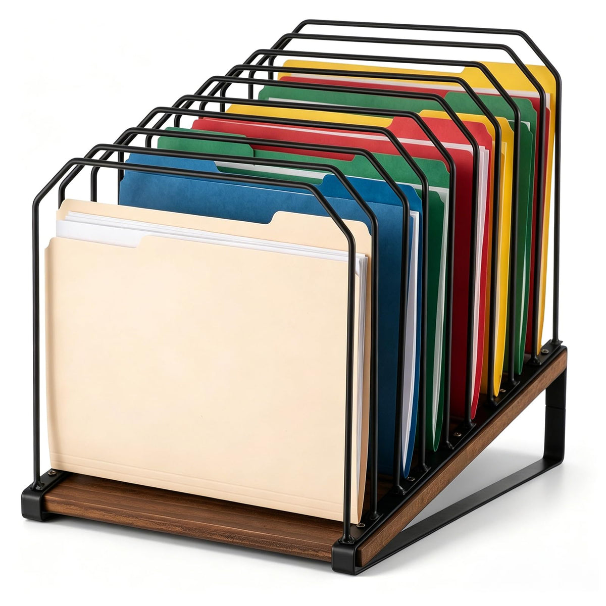 9 Section Inclined Vertical Desk File Organizer, Metal Frame and Wood Base