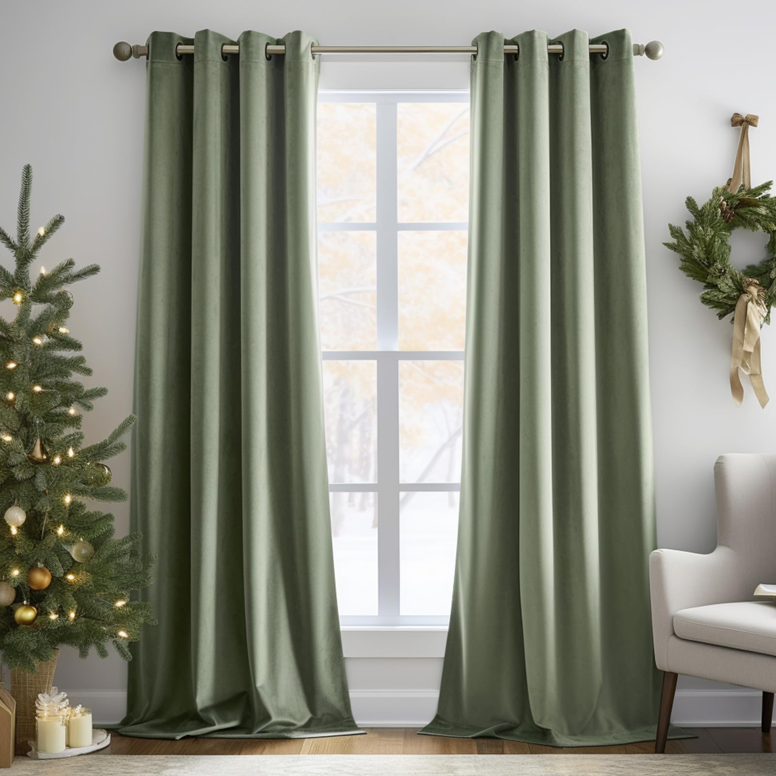 Lazzzy Blackout Velvet Curtains Green Thermal Insulated Curtains 96 Inch Long Drapes For Bedroom Living Room Darkening Window Treatments Grommet Living Room Curtains Set Of 2 Panels Sage Green