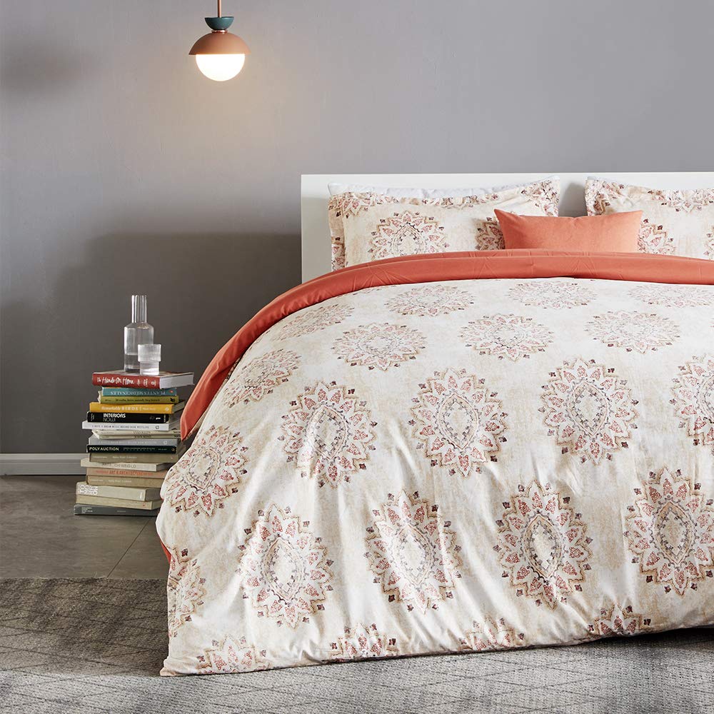 Sleep Zone Bedding Duvet Cover Sets Printed Damask Pattern 120Gsm Ultra Soft Zipper Closure Corner Tiesdamask Beige,Full/Queen (
