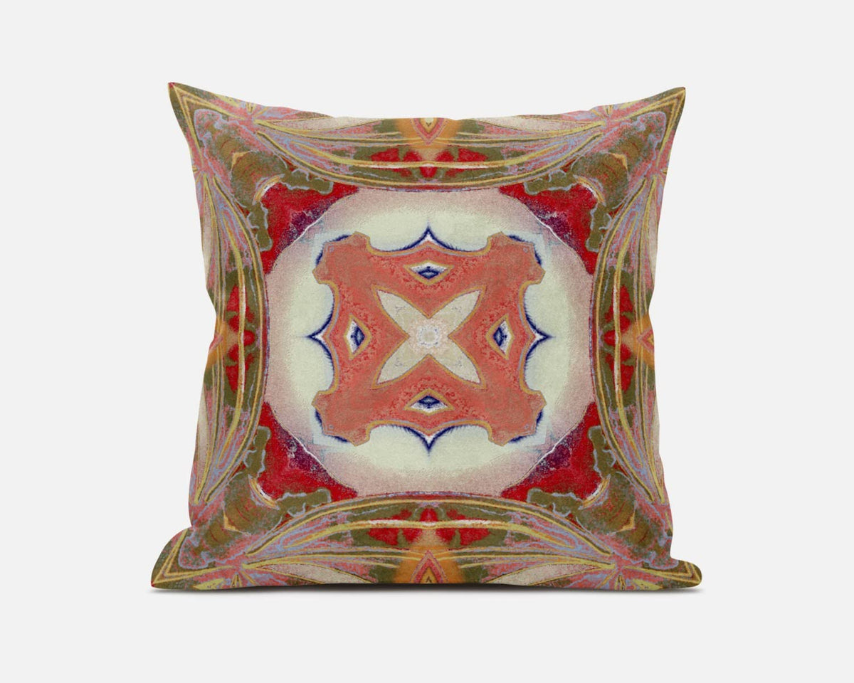 HomeRoots Muted Green Pink Peach Red 18â€ Peach Green Geo Tribal Suede Throw Pillow