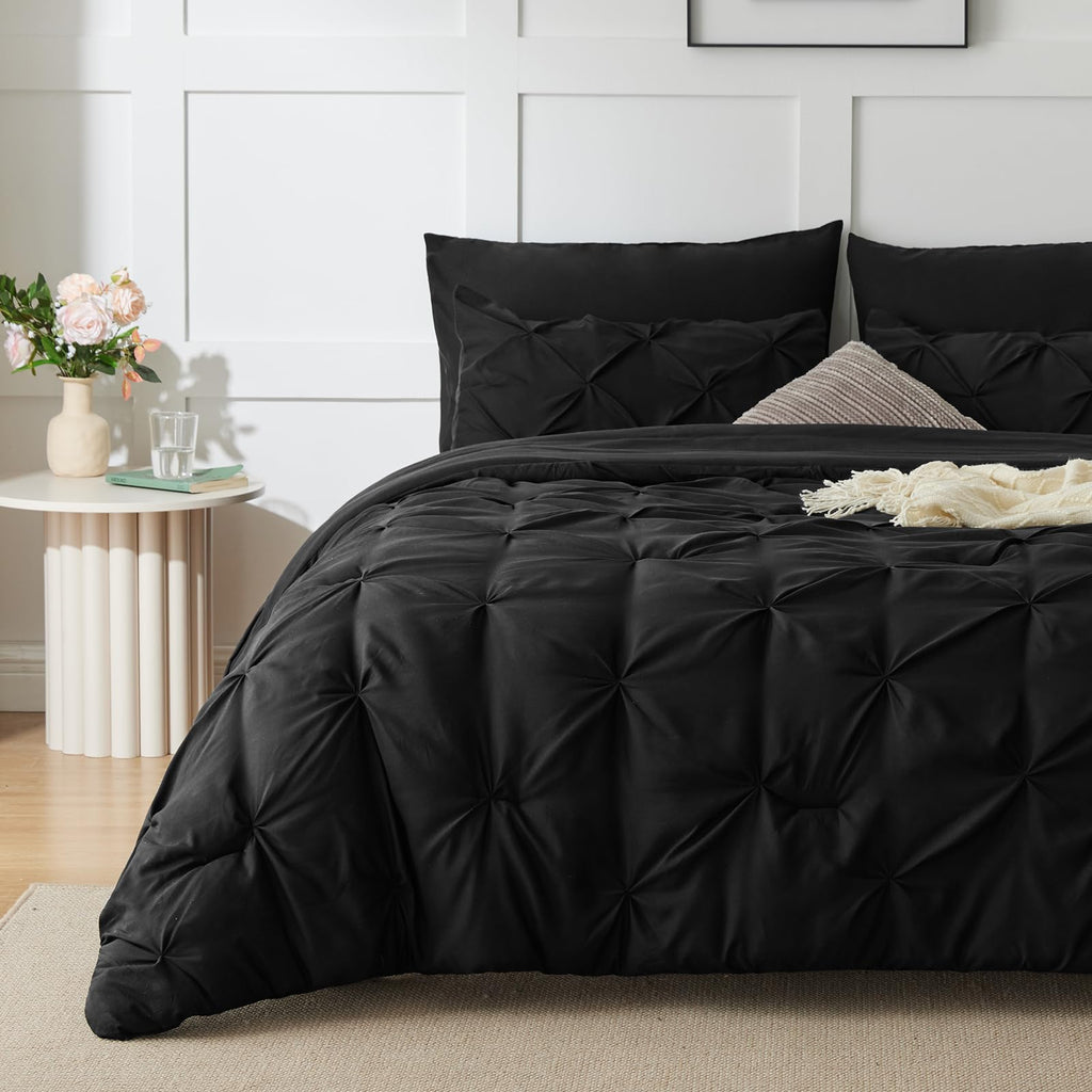 Himeet Queen Bed In A Bag Set 7 Pieces Bedding Set Pintuck Queen Bed Comforter Set Pinch Pleat Queen Size Bed In A Bag Black