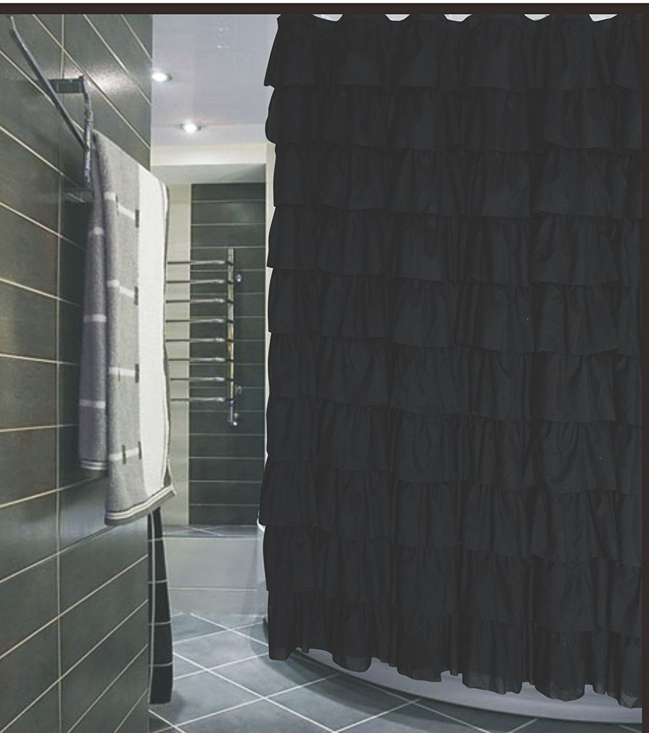 Spring Home Ruffled Black Fabric Shower Curtain Size 72 X 72 Inch