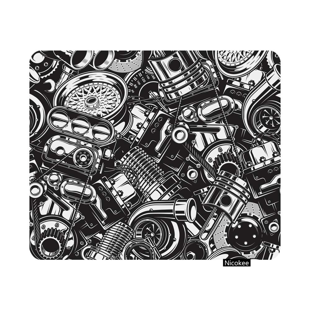 Nicokee Gaming Mouse Pad Pattern Automobile Car Parts Monochrome Black And White Auto Automotive Non-Slip Rubber Mouse Pad For C