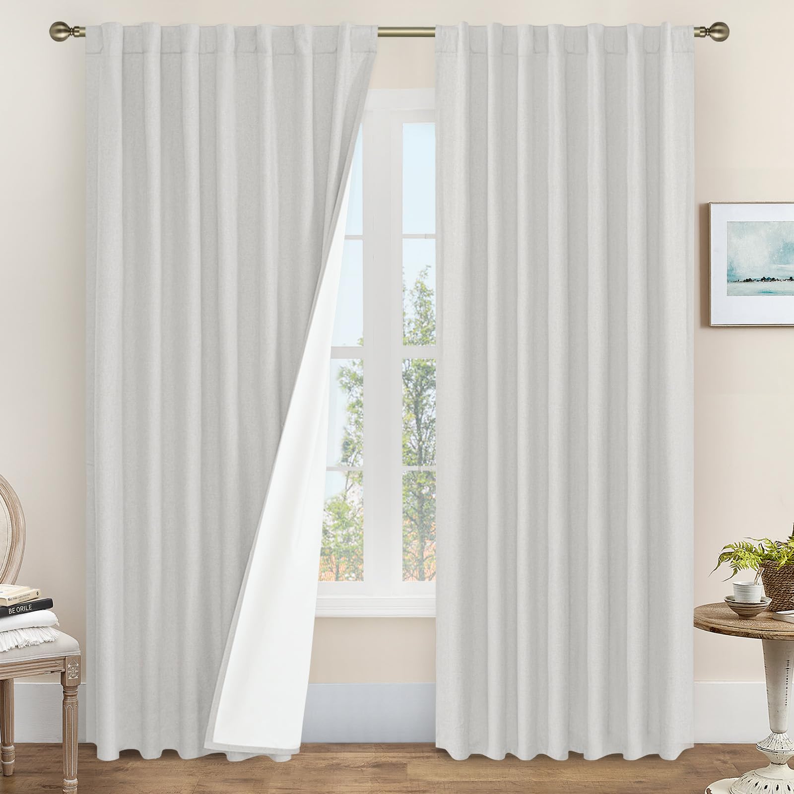 LAMIT 100% Blackout Linen Curtains 84 Inches Long, Linen Textured Living Room Farmhouse Curtains Full Room Darkening Back Tab an