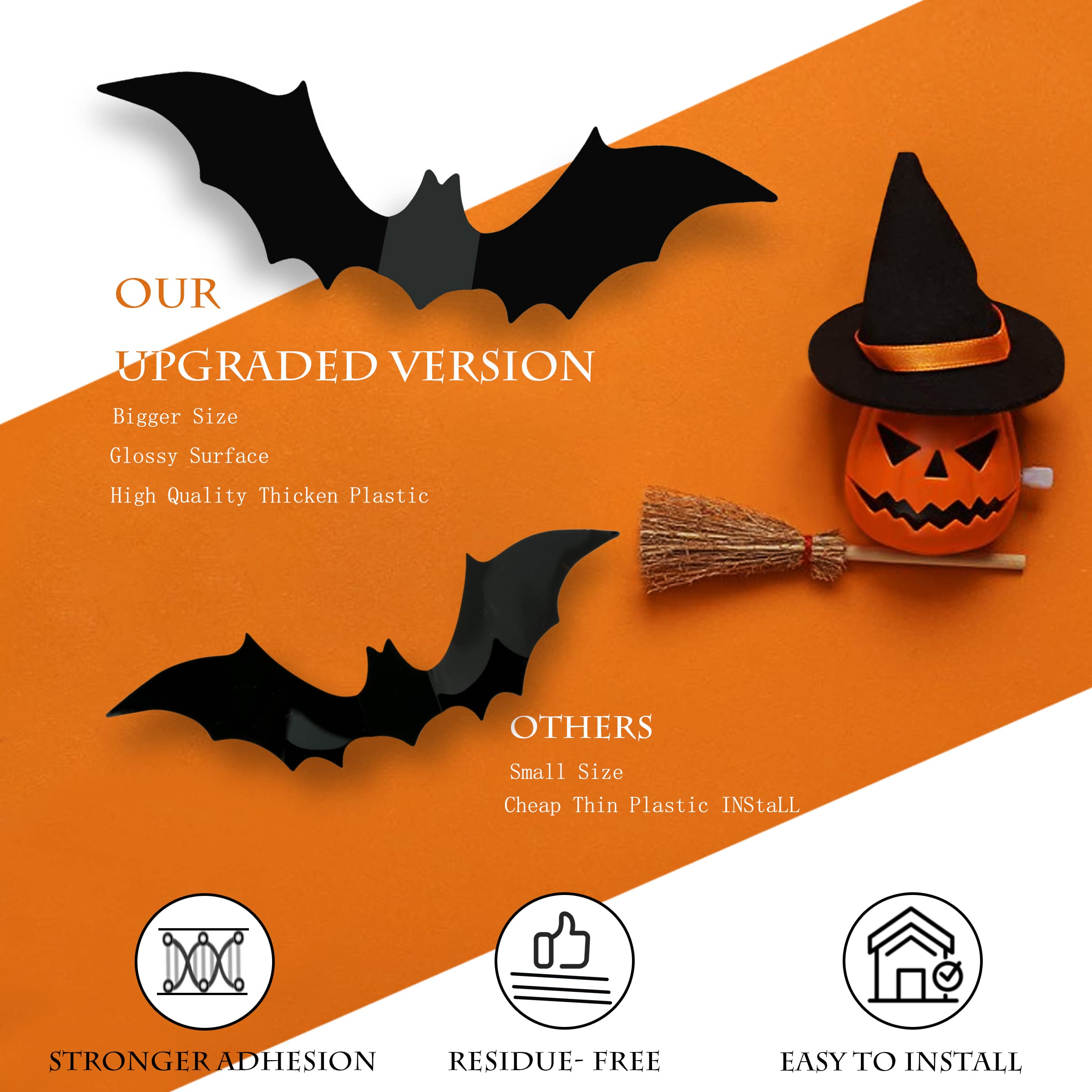 Halloween Decorations Bats Wall Decor Halloween Party Decorations Indoor Outdoor Halloween Decor Supplies, 64 Pcs Reusable Pvc 3