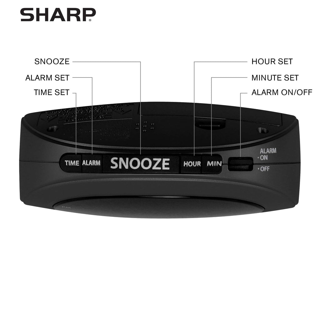 Sharp SPC089A Digital Alarm Clock Black Plastic Compact Bedside Clock with Red LED Display
