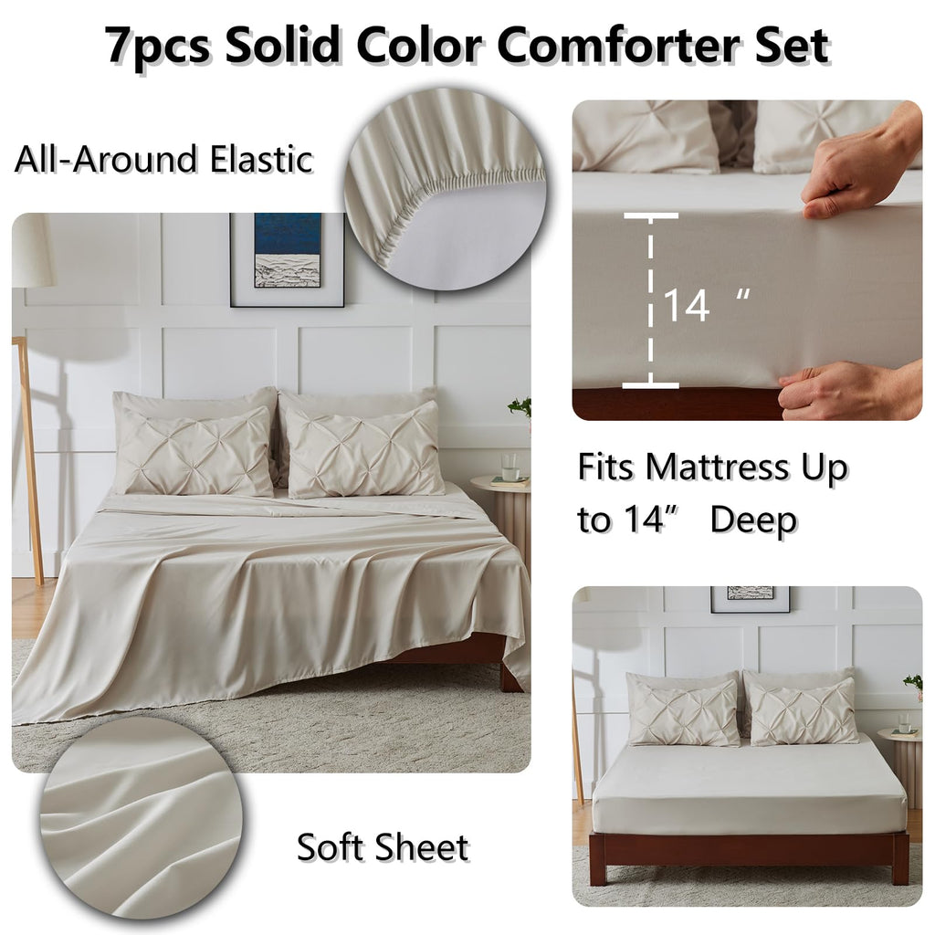 Himeet Bedding Sets Full 7 Pieces Bed Set Pintuck Bed In A Bag Full Size Comforter Sets Pinch Pleat Beige