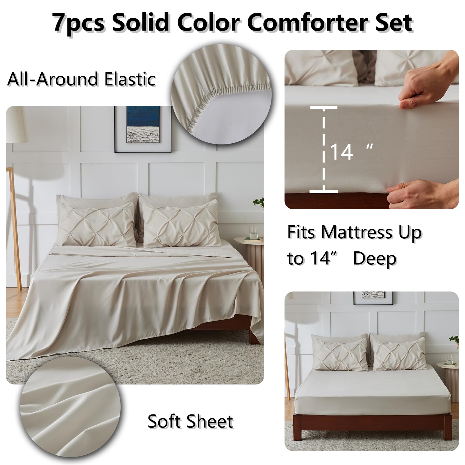 Himeet Bedding Sets Full 7 Pieces Bed Set Pintuck Bed In A Bag Full Size Comforter Sets Pinch Pleat Beige