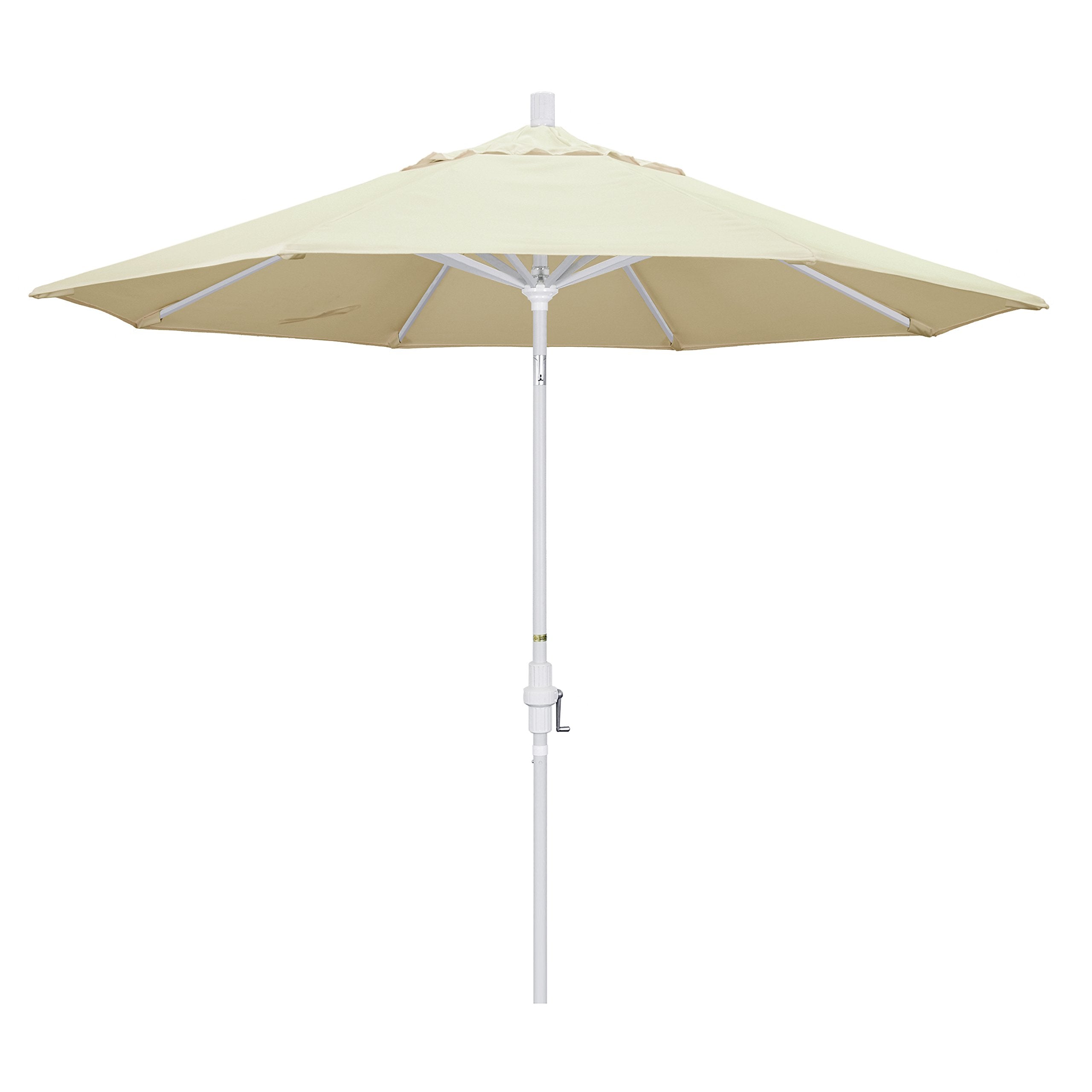 California Umbrella 9 Round Aluminum Market Umbrella, Crank Lift, Collar Tilt, White Pole, Pacifica Canvas