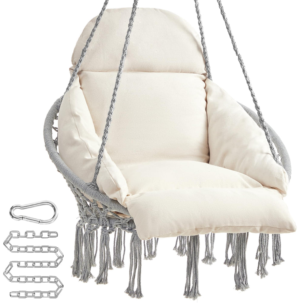 Songmics Hanging Chair, Hammock Chair With Large, Thick Cushion, Boho Swing Chair For Bedroom, Patio, Balcony, Garden, Holds Up To 264 Lb, Accessories Included, Dove Gray And Cream White Ugdc042M11