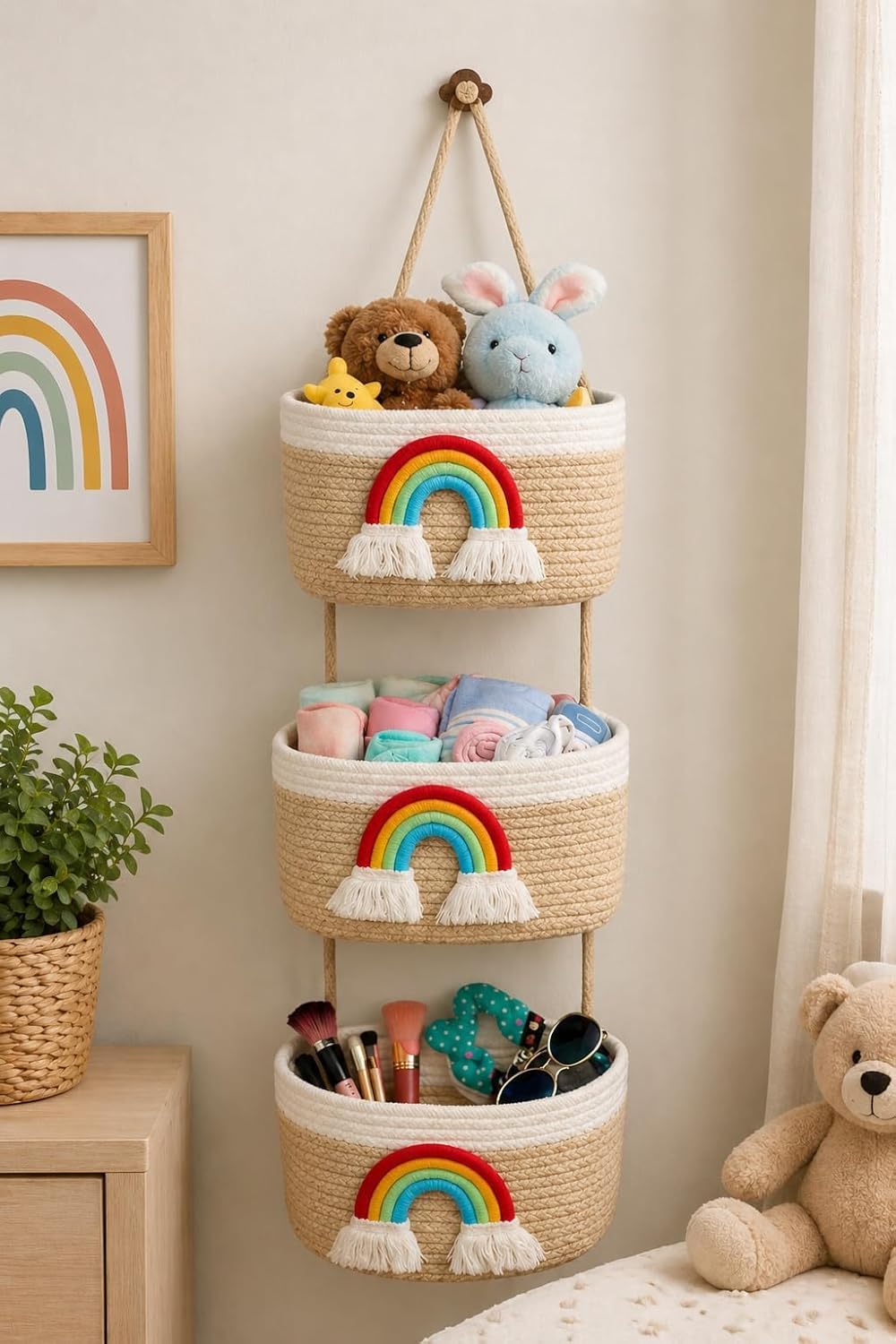Amuart Rainbow Rope Storage Basket Set (3 Tier)  Handmade Cotton Rope Hanging Organizer For Kids Room, Nursery | Size: 80 Cm He