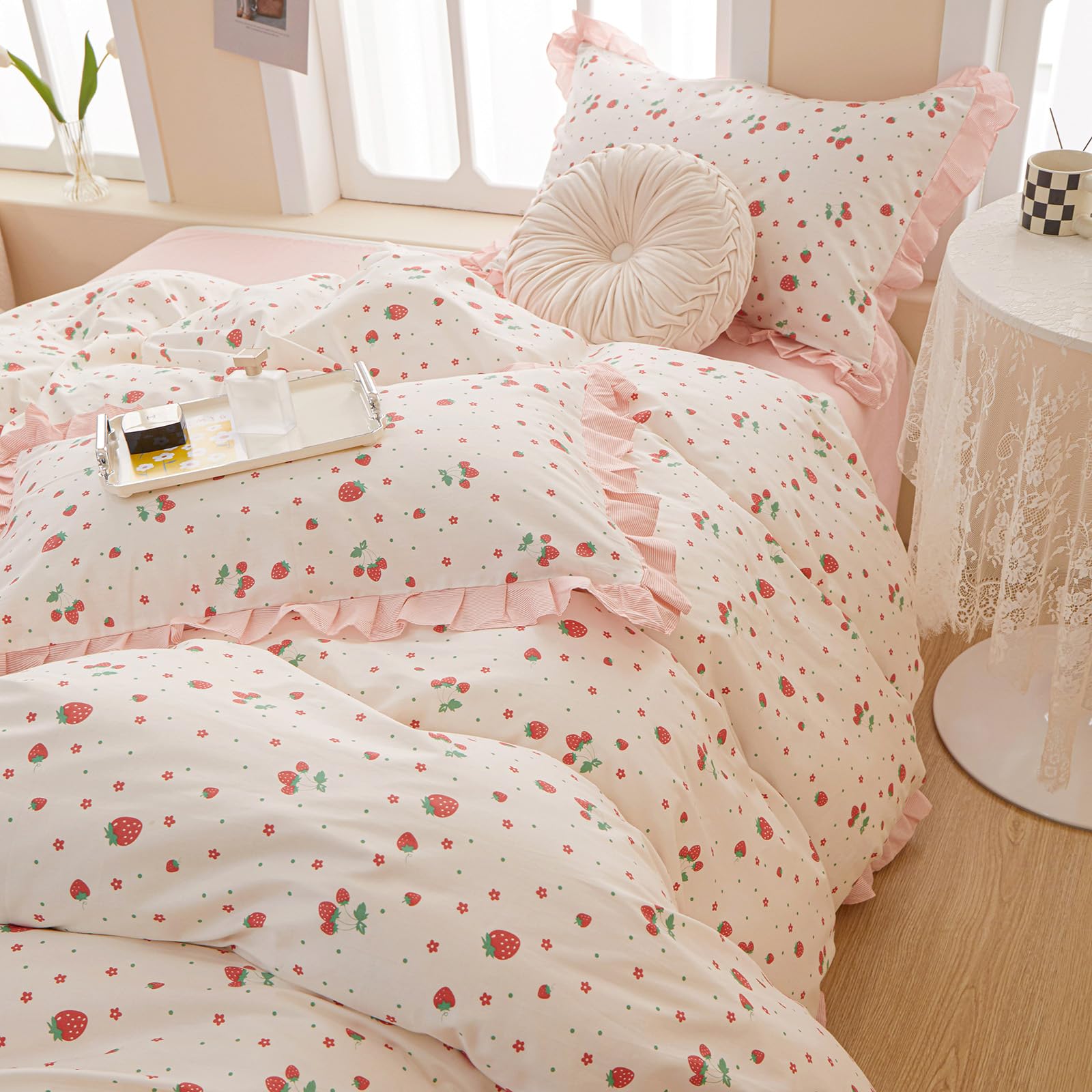 Kawaii Pink Strawberry Duvet Cover Queen Cotton Girls Lace Duvet Cover Cute Ruffle Strawberry Bedding Set Kawaii Strawberry Ruff