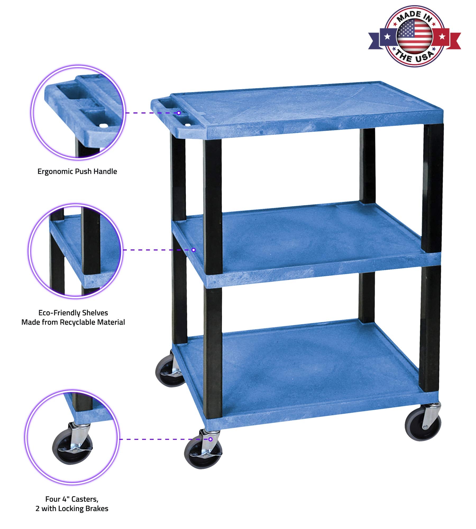 LUXOR WT34BUS Tuffy Utility Cart - Three Shelves, 4" Silent-Roll, Full-Swivel Heavy-Duty Casters, Two with Locking Brake, Multipurpose Storage for Video Projector, TV, Laptop, Printer Stand
