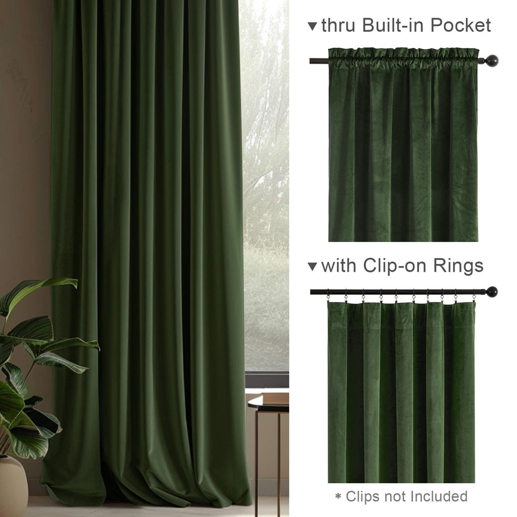 Lazzzy Green Velvet Curtain Thermal Insulated Curtains 90 Inch Long Drapes For Bedroom Living Room Darkening Window Treatments Rod Pocket, Set Of 2, Moss Green
