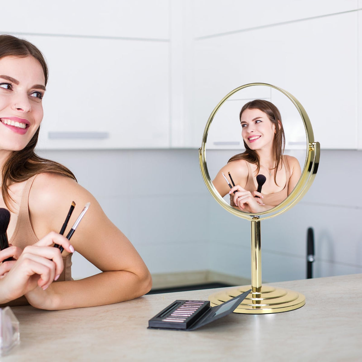 Schliersee Gold Magnifying Vanity Makeup Mirror, 1X/3X Double Sided Swivel Magnification Standing Desk Mirror, 7 Inch
