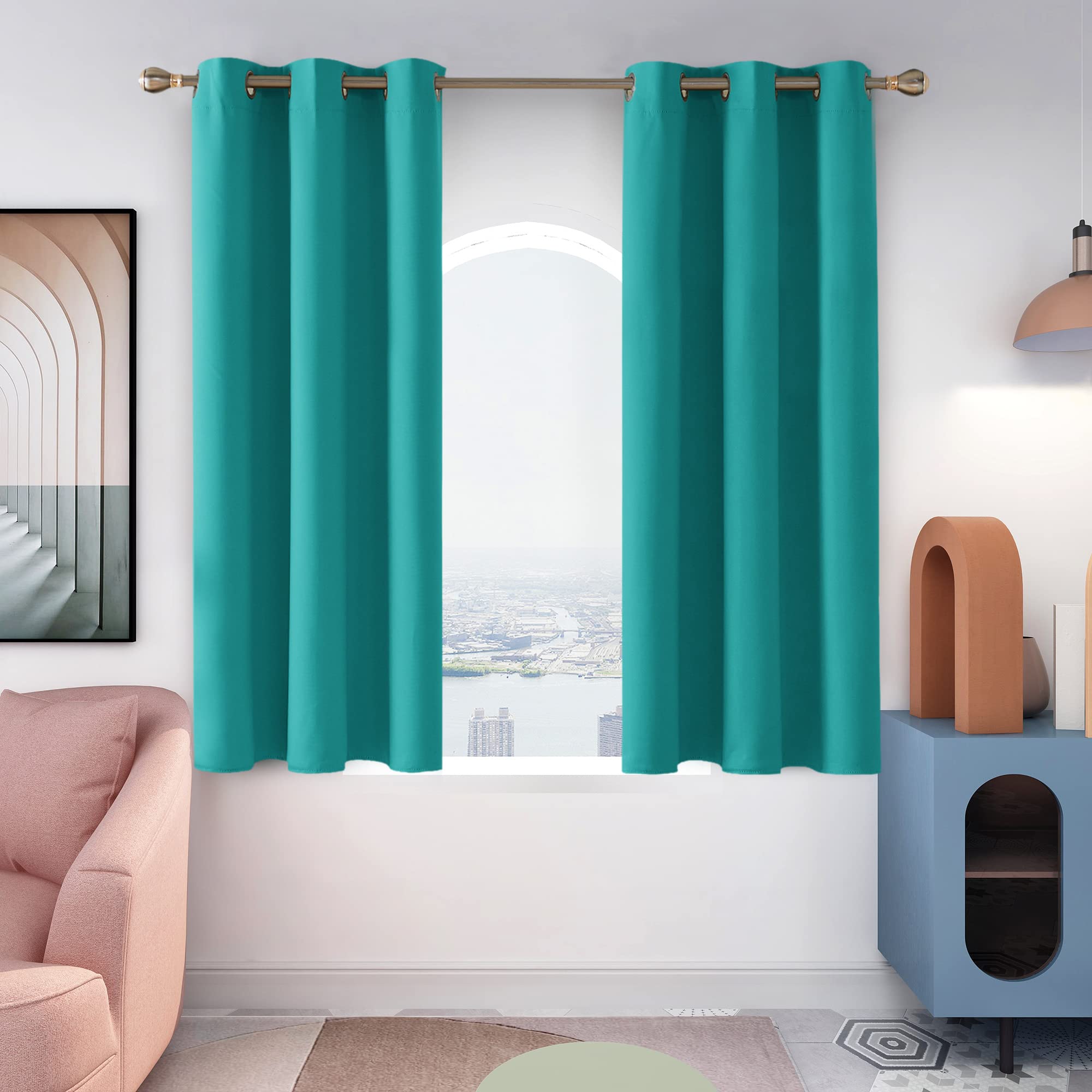 Deconovo Thermal Insulated Blackout Curtains Room Darkening & Energy Saving Solid Grommet Top Curtain Panels For Home Decor Bedroom Windows 2 Panels, Turquoise, 42Wx45L In