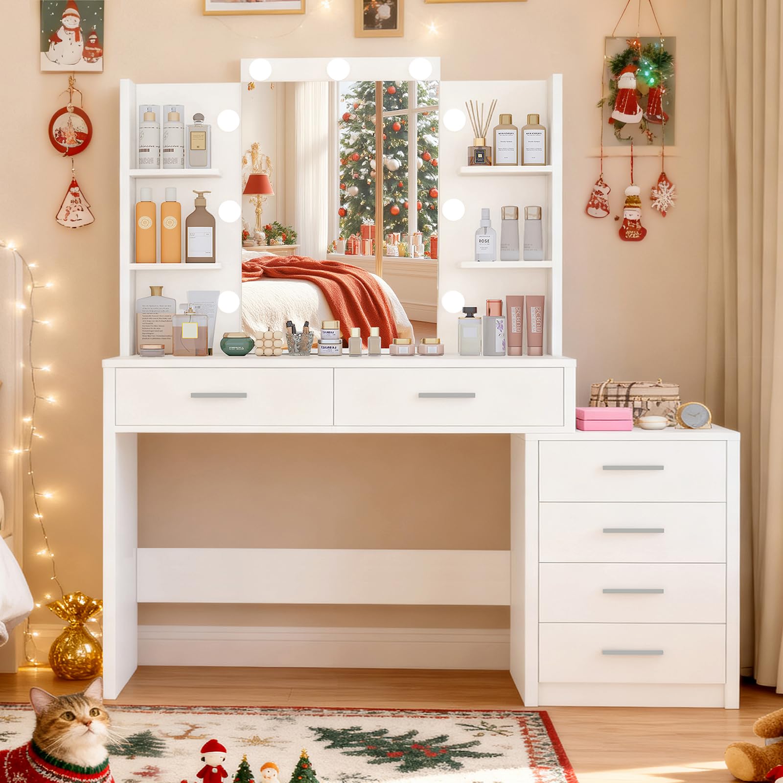 Quimoo 43.3 W Vanity Desk with Mirror and 9 LED Lights, Makeup Vanity with 6 Drawers, 6 Open Shelves, White Vanity for Women Gir