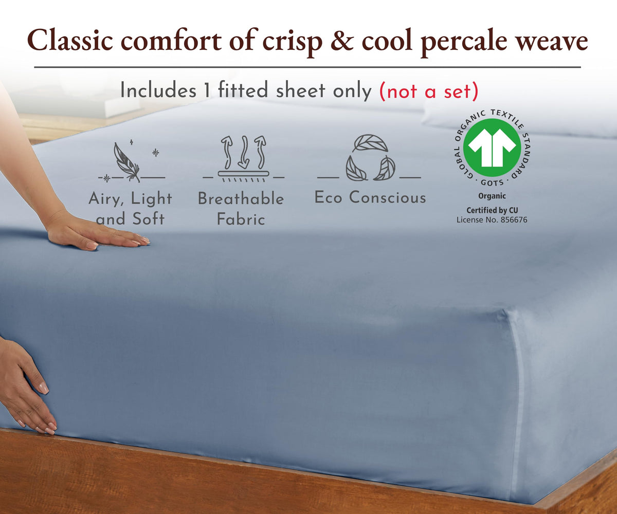 California Design Den 100% Organic Cotton Fitted Sheet Full Only, Deep Pocket Full Size Fitted Sheet, Full Size Percale Cotton Fitted Sheet Only, Gots Certified, Lightweight, 1 Pc (Blue Hydrangea)