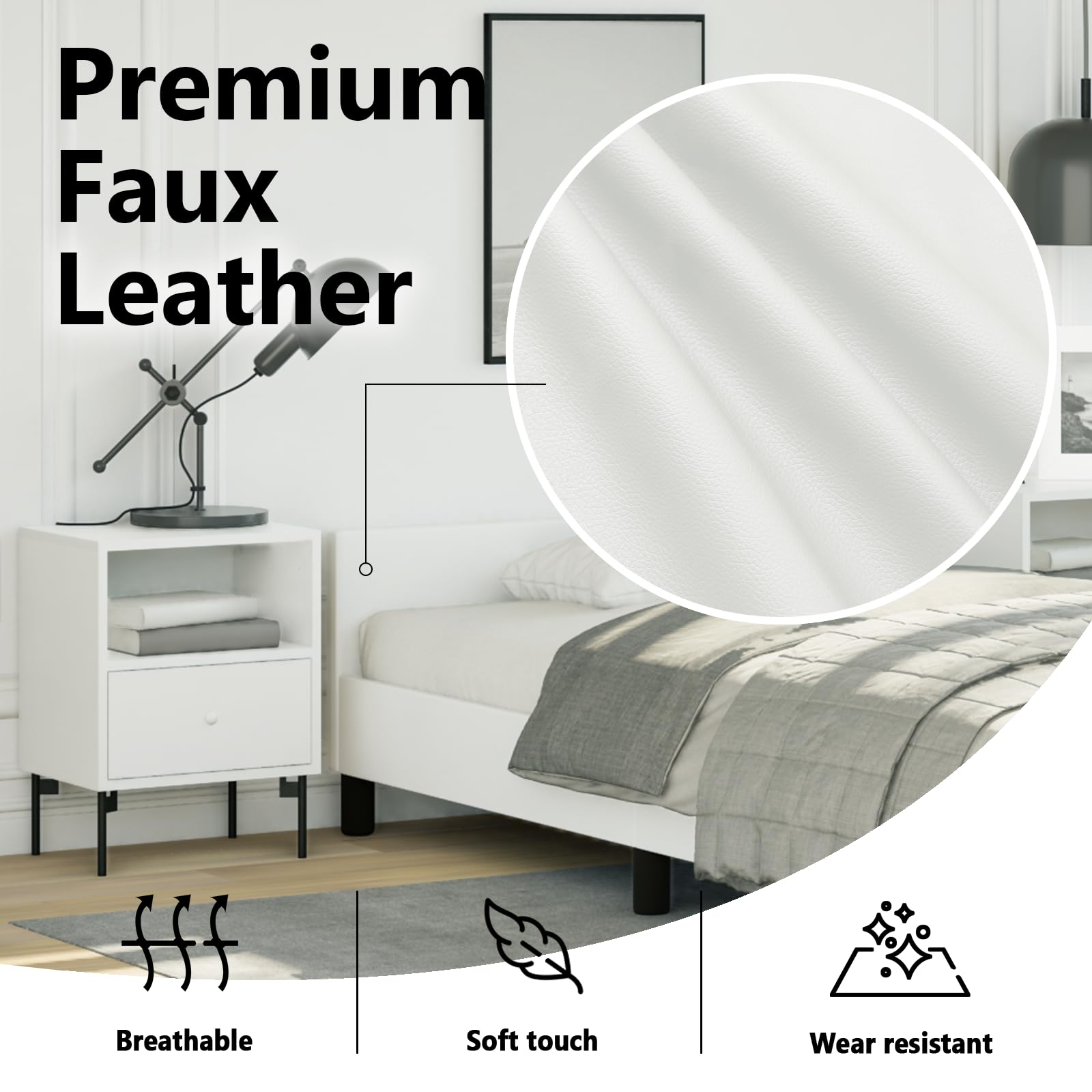 vidaXL Faux Leather Bed Frame Platform Bed, Scandinavian Style/Slats Support/No Box Spring Needed/Without Mattress/Easy Assembly, White Twin Bed