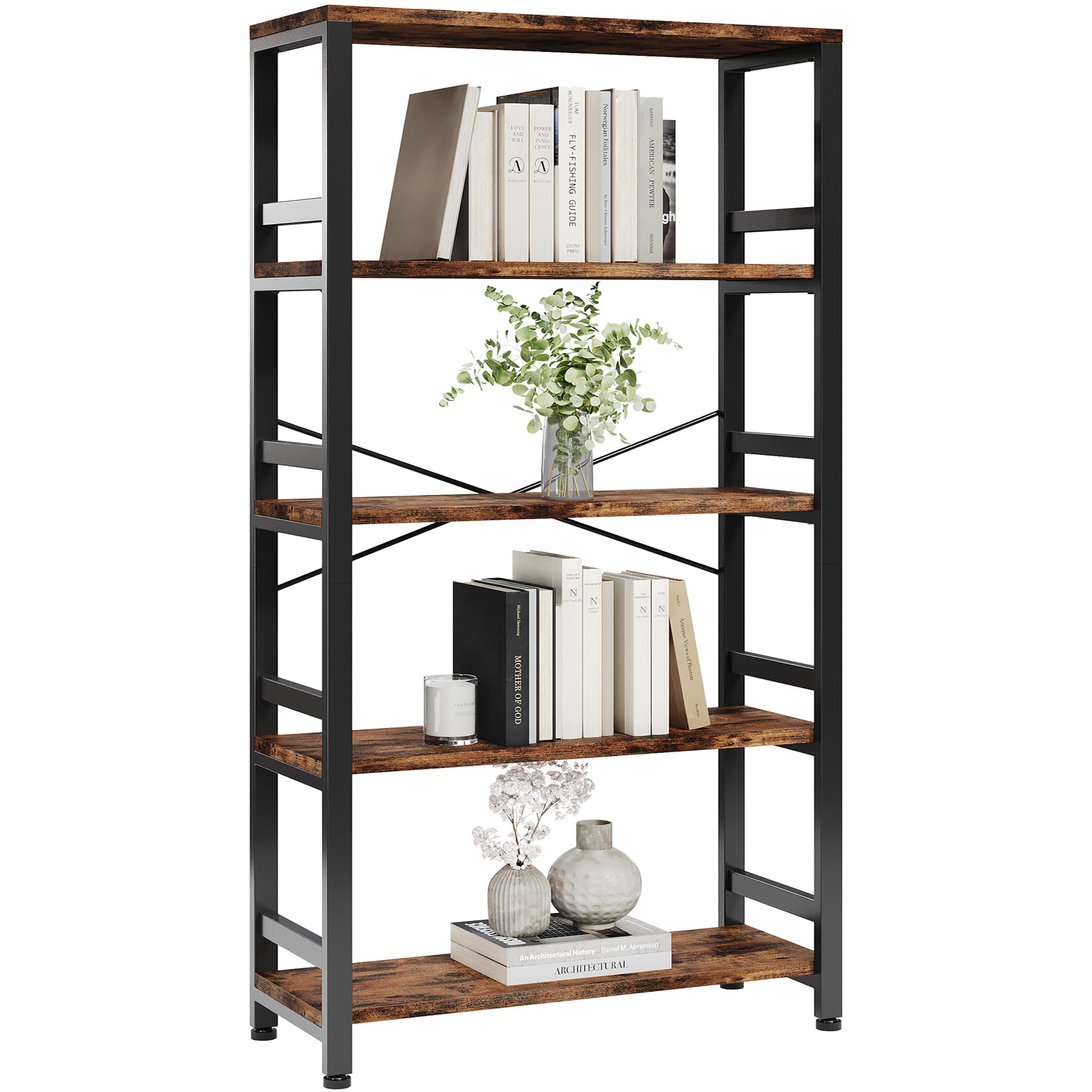 IRONCK Bookshelves and Bookcases, 31.5in Wide Shelf 5-Tier Ladder Shelf 110lbs/shelf Vintage Industrial Style Bookcase for Bedro