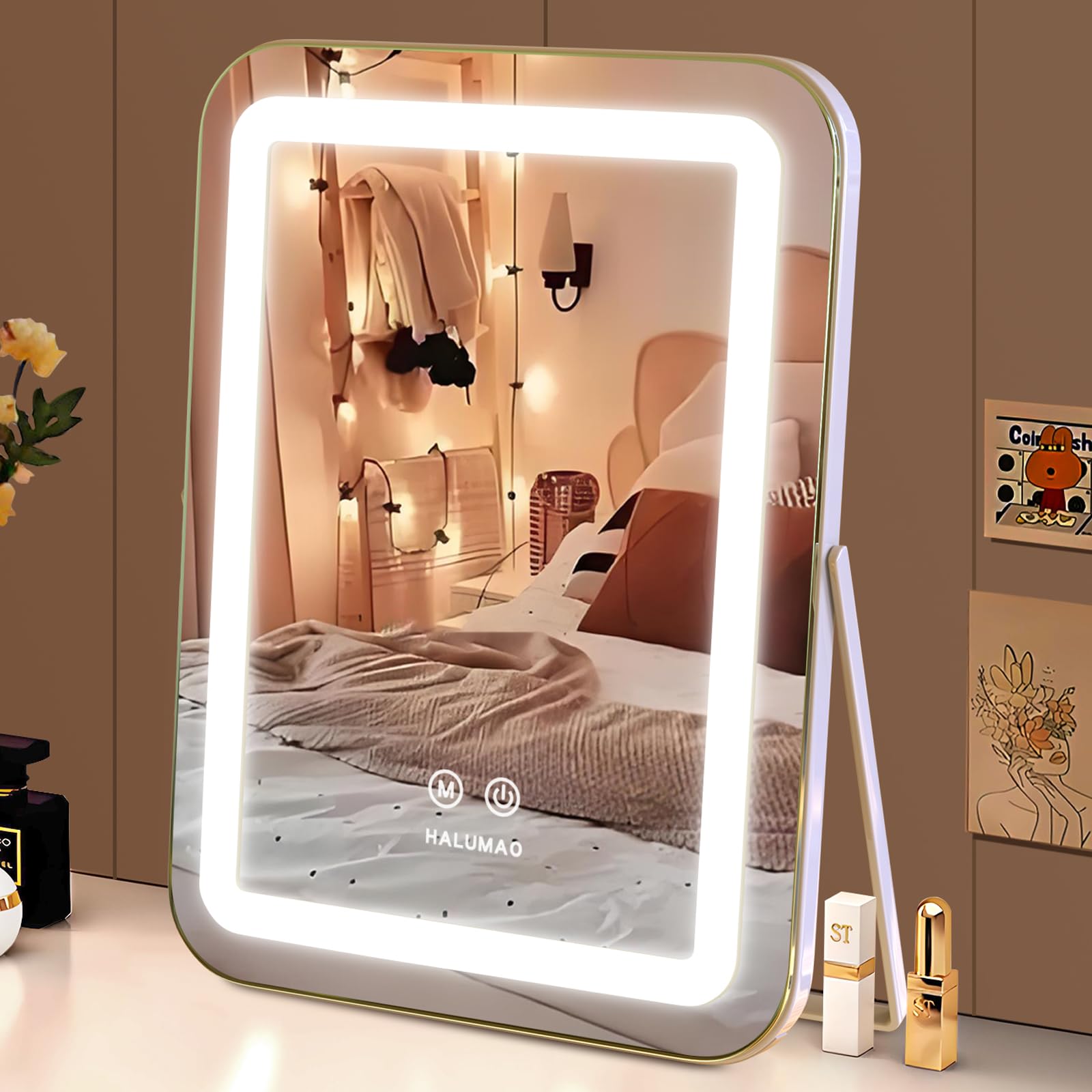 halumao Vanity Mirror with Lights, Light Up Makeup Mirror, LED Makeup Mirror with Lights for Bedroom Tabletop, Smart Touch Contr