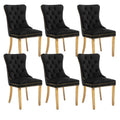 Black Dining Chairs Set Of 6,Velvet Upholstered Dining Room Chairs With Back Ring Pull Trim And Golden Stainless Steel Legs,Mode