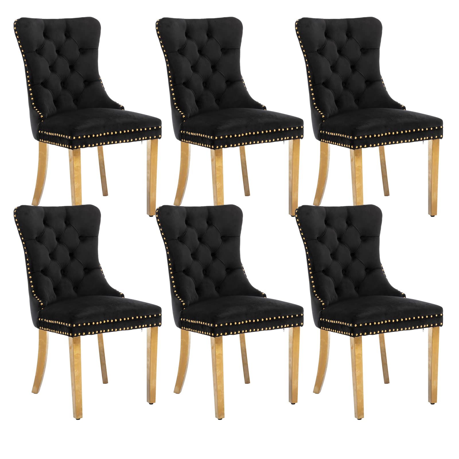 Black Dining Chairs Set Of 6,Velvet Upholstered Dining Room Chairs With Back Ring Pull Trim And Golden Stainless Steel Legs,Mode