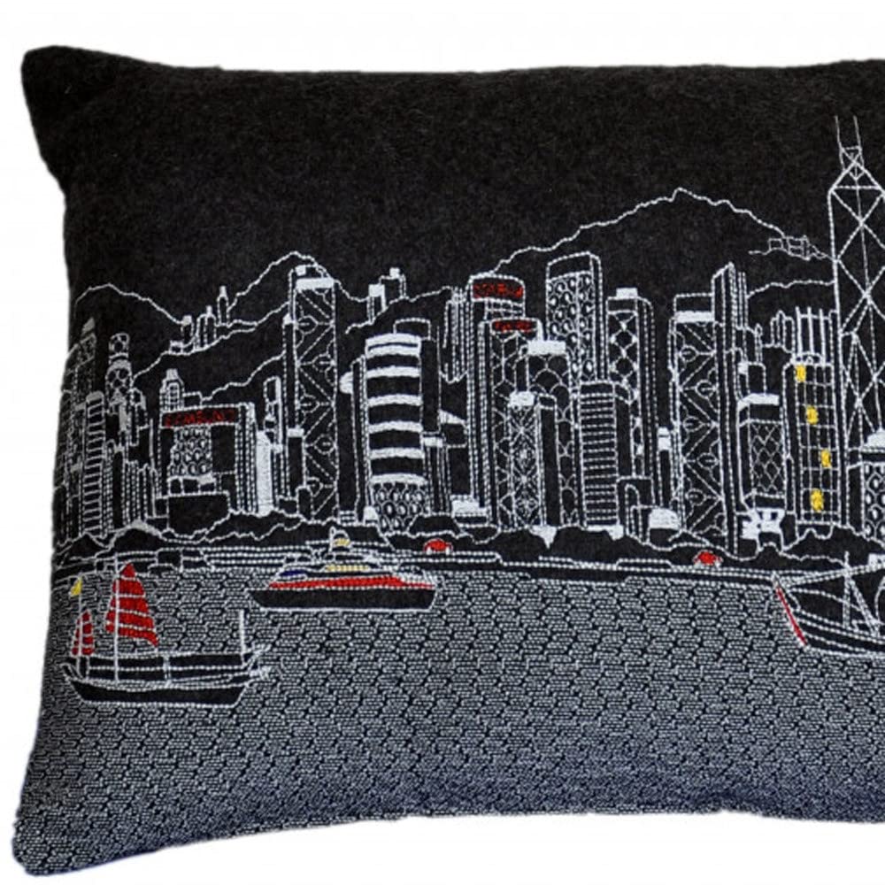 HomeRoots Grey 24' Black Hong Kong Nighttime Skyline Lumbar Decorative Pillow