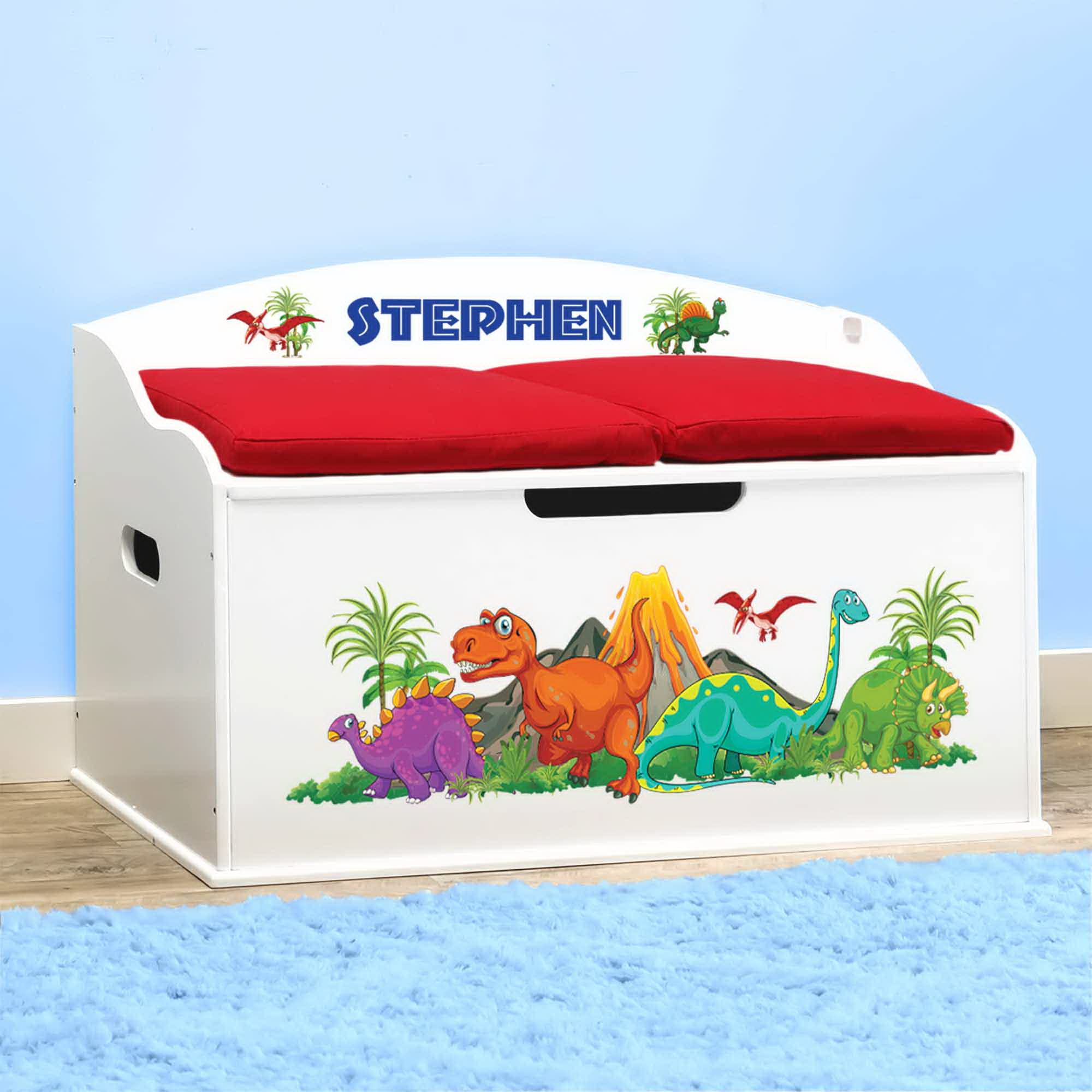 DIBSIES Personalized Creative Wonders Toy Box, Dinosaurs, 30 x 19.25 x 18 inches, Soft-Close Lid (White)