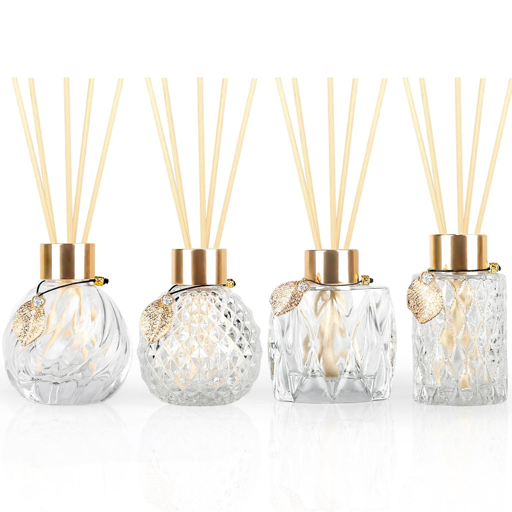 Trifolic 4Pcs Reed Diffuser Set with Metal Golden Decoration, 3.5-4.2oz Empty Reed Diffuser Bottles with 20Pcs Reed Diffuser Sti