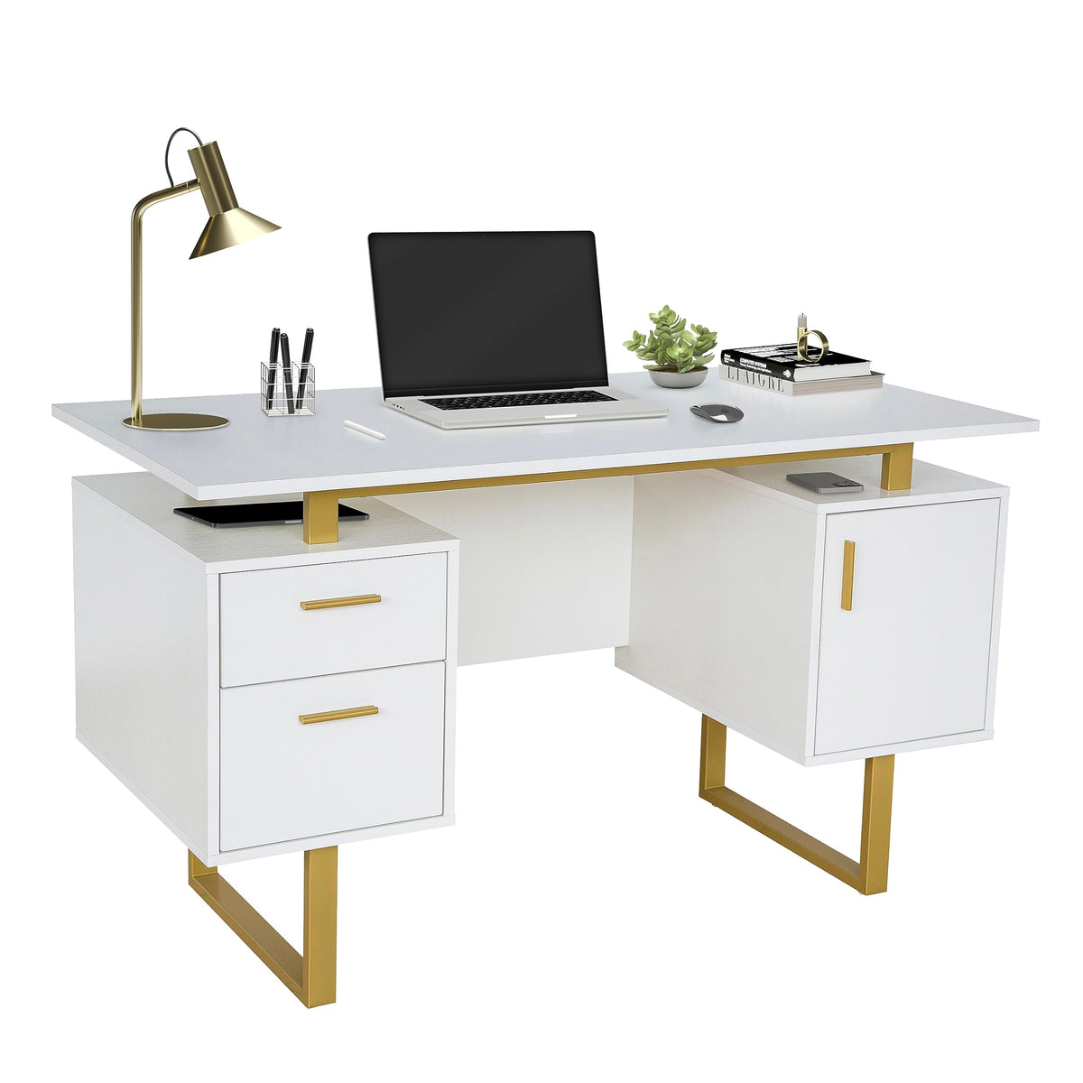 Techni Mobili 51inchW Computer Desk W/ 2 Drawers & Storage Cabinet, White/Gold