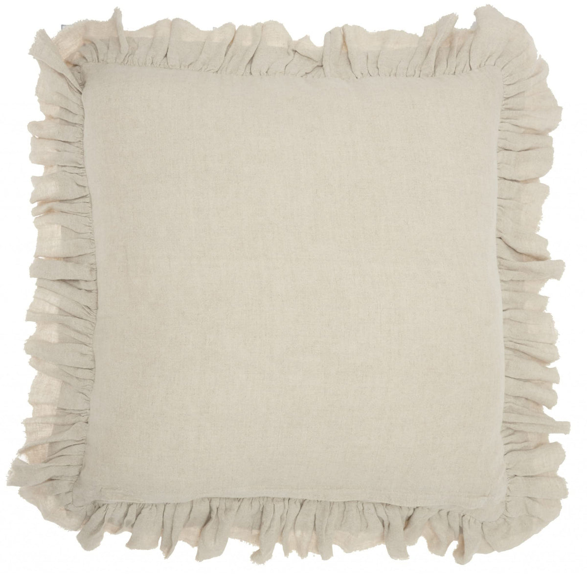 HomeRoots Grey Linen Dainty Ruffle Edged Beige Throw Pillow