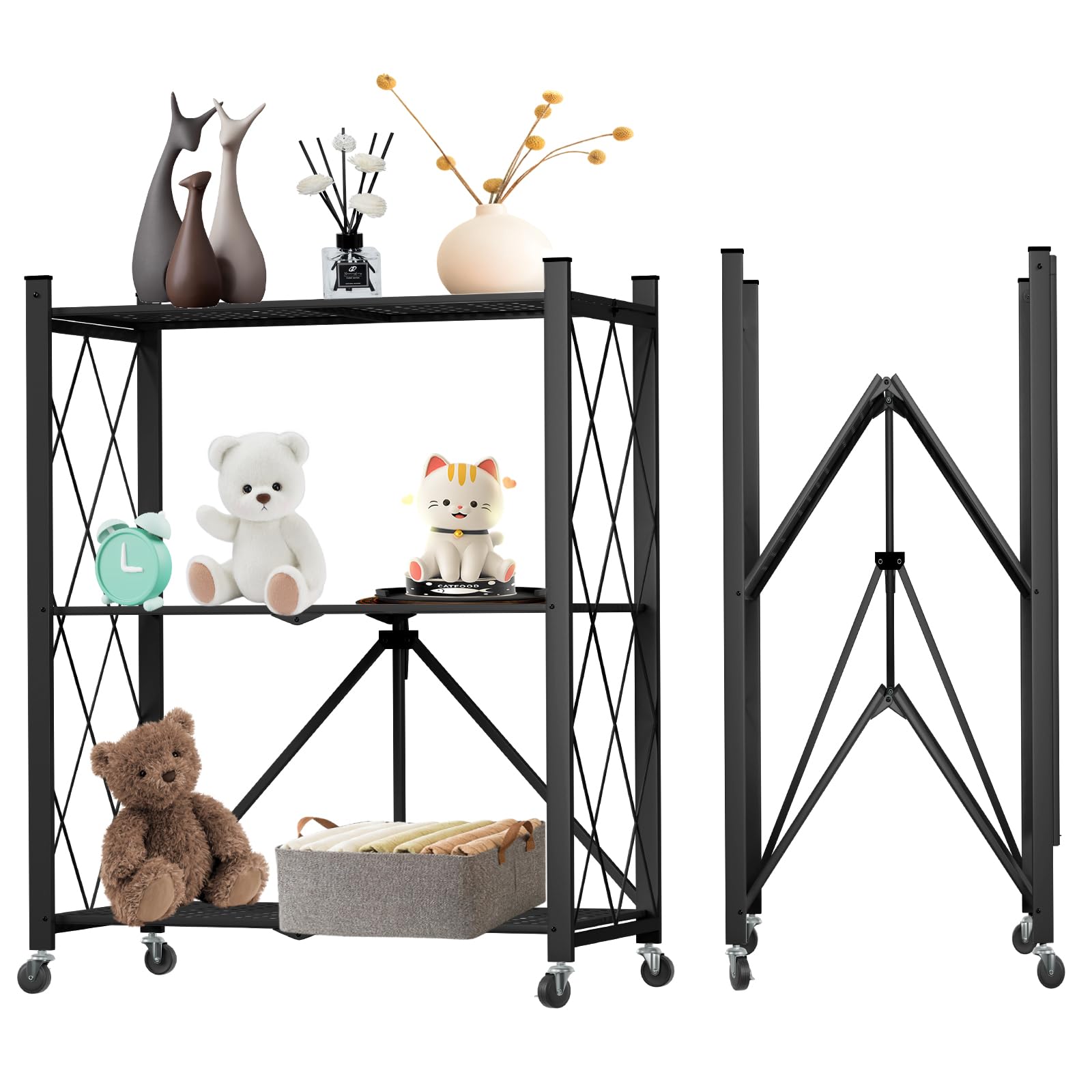 Yuanjimi 3 Tier Foldable Storage Shelf with Wheels, Heavy Duty Garage Shelving Unit Loads 550 LBS, Metal Steel Collapsible Shelv
