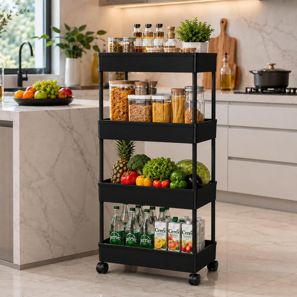 4 Layer Multipurpose Storage Rack With Plastic Pipe, Kitchen Trolley, Rolling Storage Cart With Wheels, Multipurpose Storage Rac