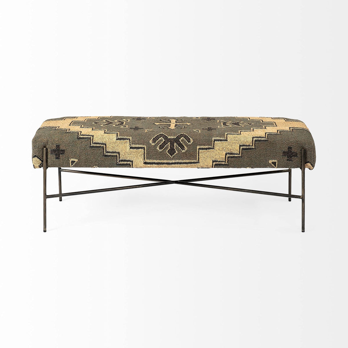 HomeRoots Black Rectangular Metal/Antiqued-Nickel Toned Base W/Upholstered Tan Pattered Seat Accent Bench