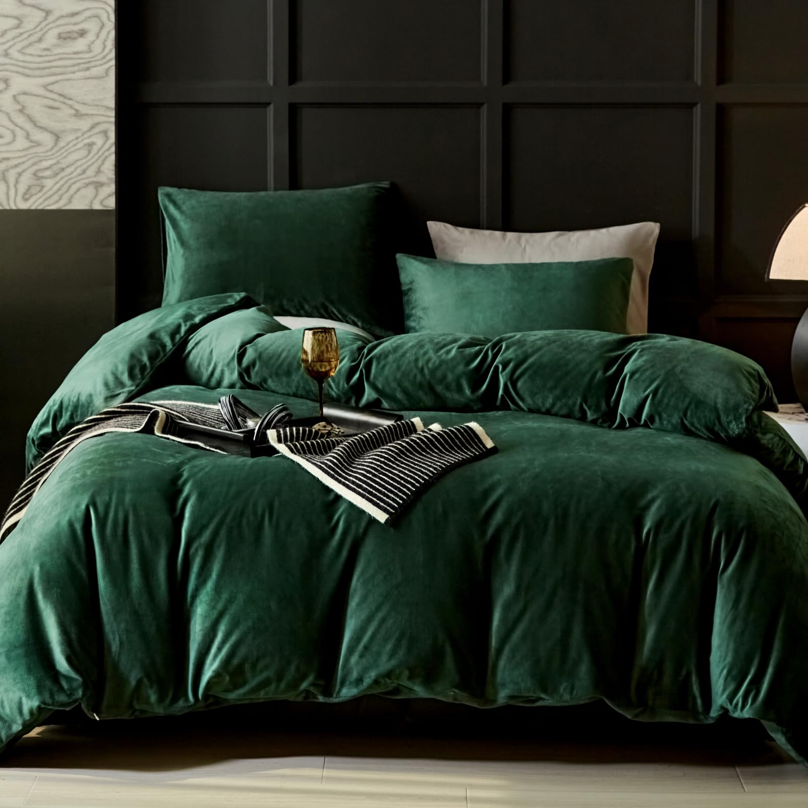Warmdern Emerald Green Velvet Duvet Cover Queen Size Flannel Duvet Cover Bedding Sets, 3Pcs Ultra Soft Luxury Textured Modern Cr