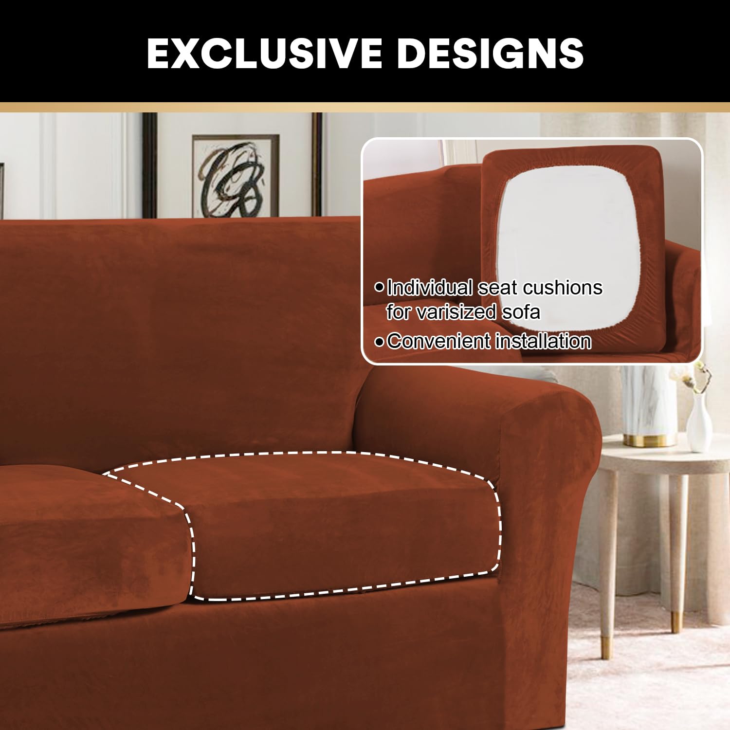 Princedeco 4 Pieces Couch Covers Extra Large Couch Covers For 3 Cushion Sofa Width Up To 105 Inch Thick Soft Furniture Slipcovers With 3 Individual Large Cushion Covers(X-Large, Rust)