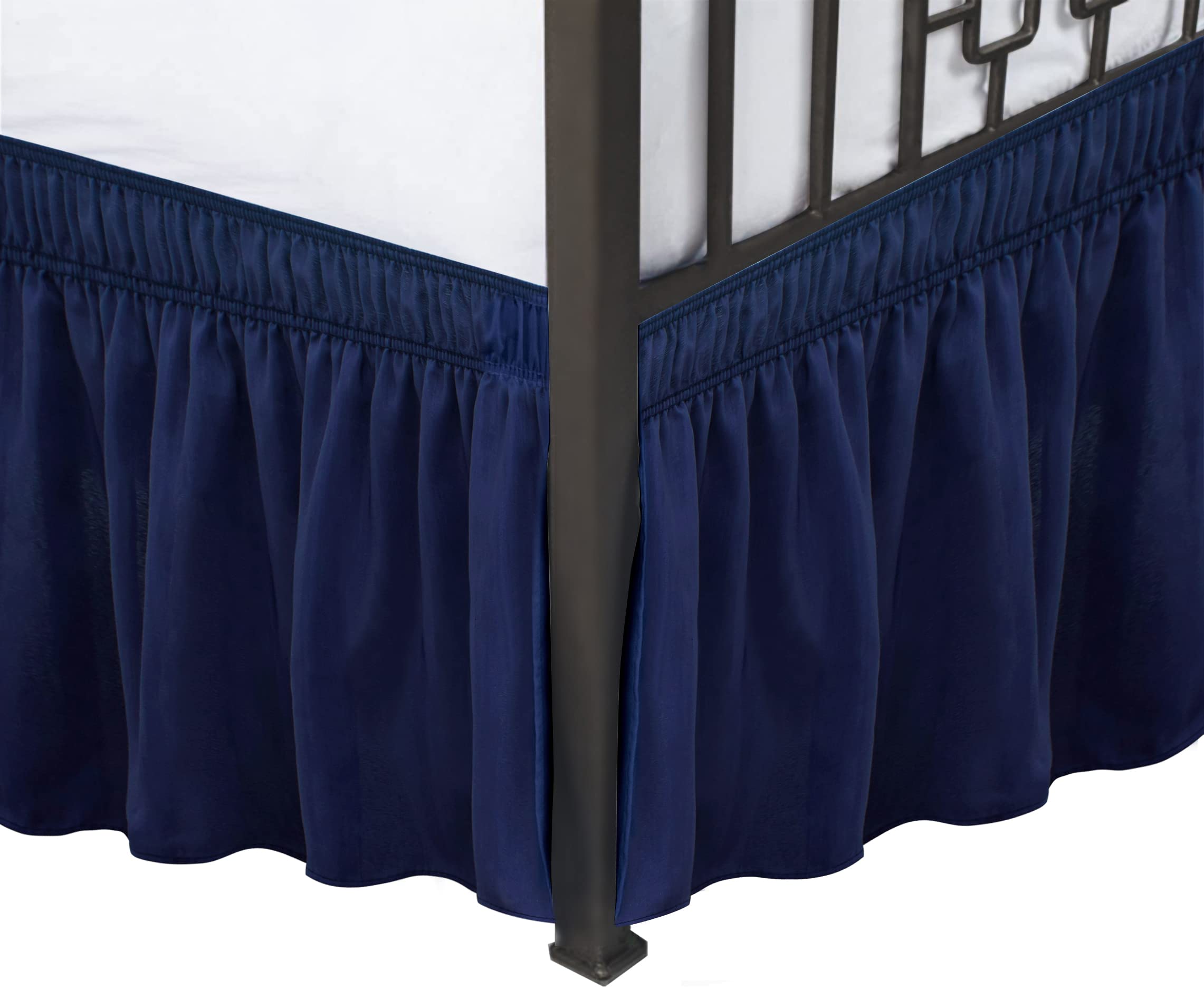 Biscaynebay Wrap Around Bed Skirts With Split Corners For Full Beds 14' Drop, Navy Elastic Dust Ruffles Easy Fit Wrinkle & Fade Resistant Silky Luxurious Fabric Solid Machine Washable