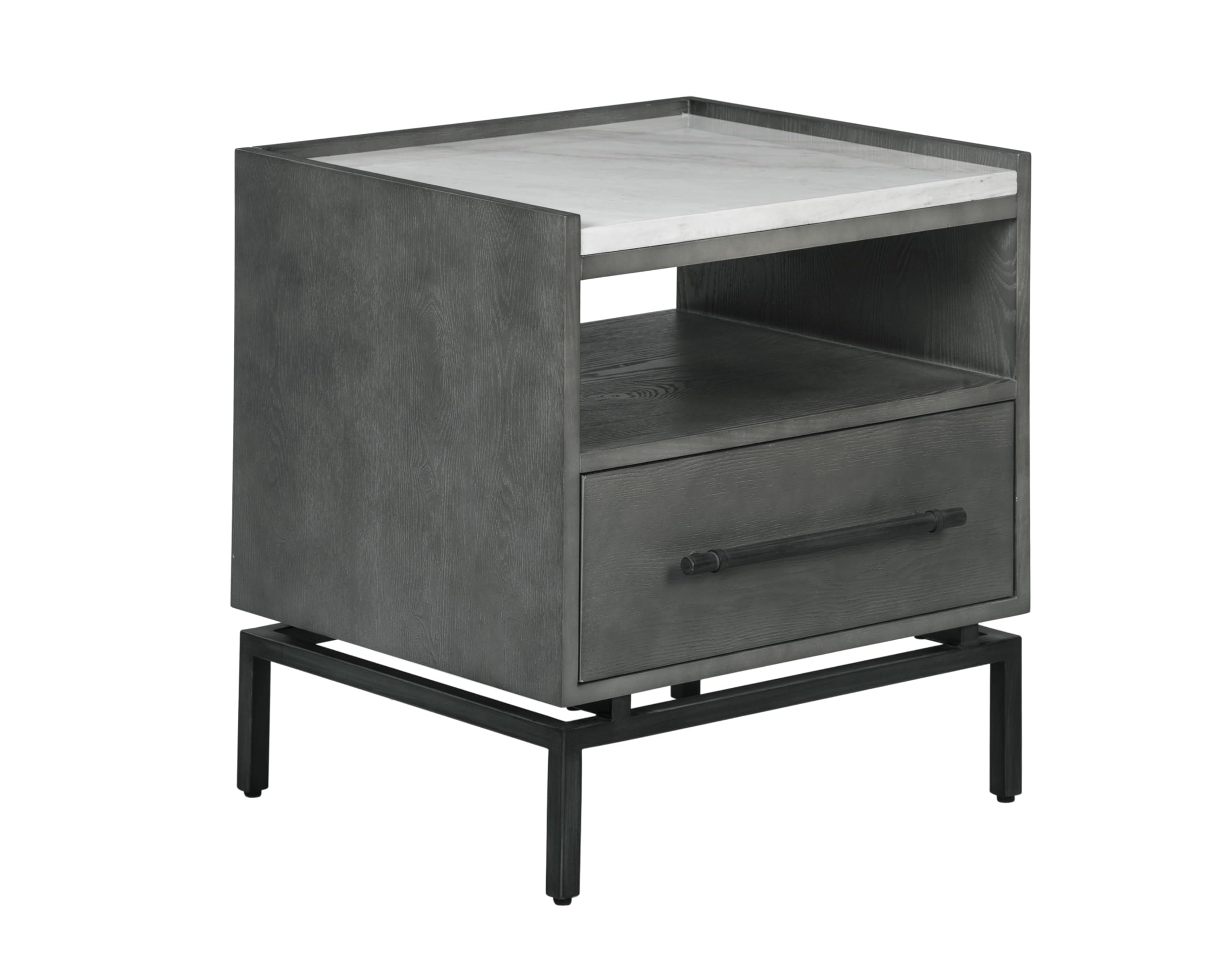 Tommy Hilfiger Ascher Modern Living Room End Table with 1 Drawer, Matte Black Metal Legs, Gray Wood Finish