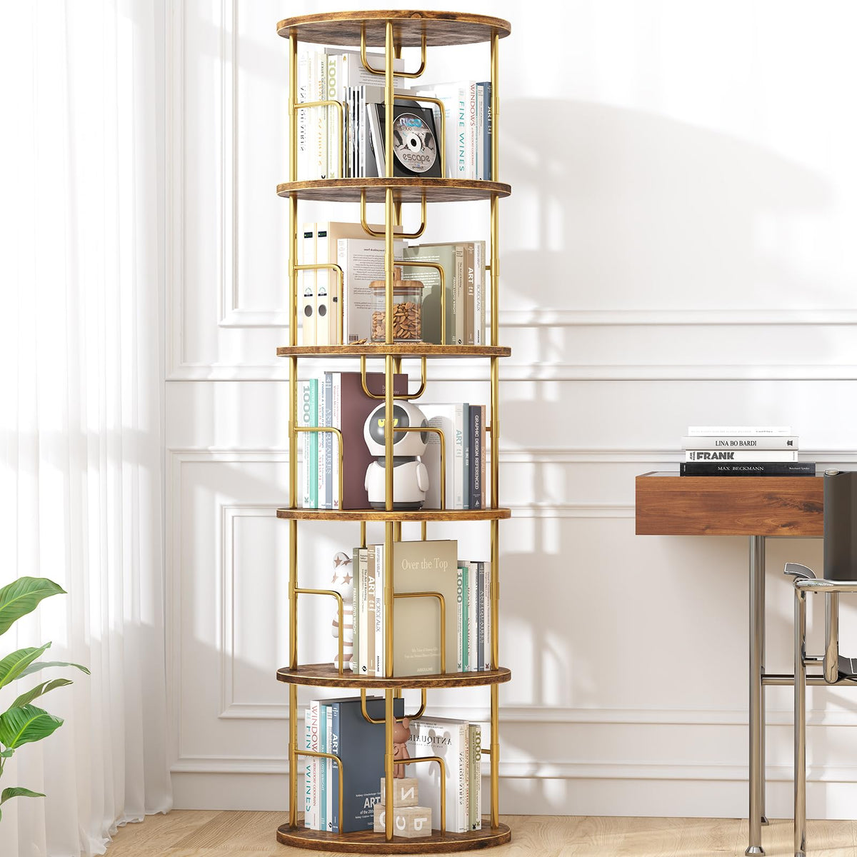 5Tier Rotating Bookshelf, 360  Display Stackable Spinning Bookshelf Tower,Round Space Saving Tall Floor Standing Swivel Bookcase