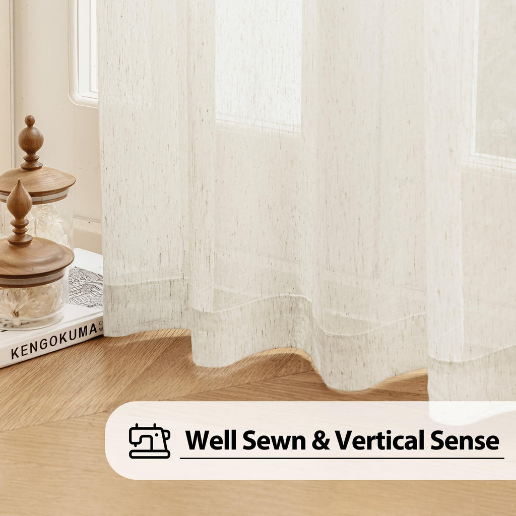 Fmfunctex Linen Sheer Curtains For Living Room, Beige Curtains 90 Inches Long For Bedroom, Natural Flax Blend Window Draperies F